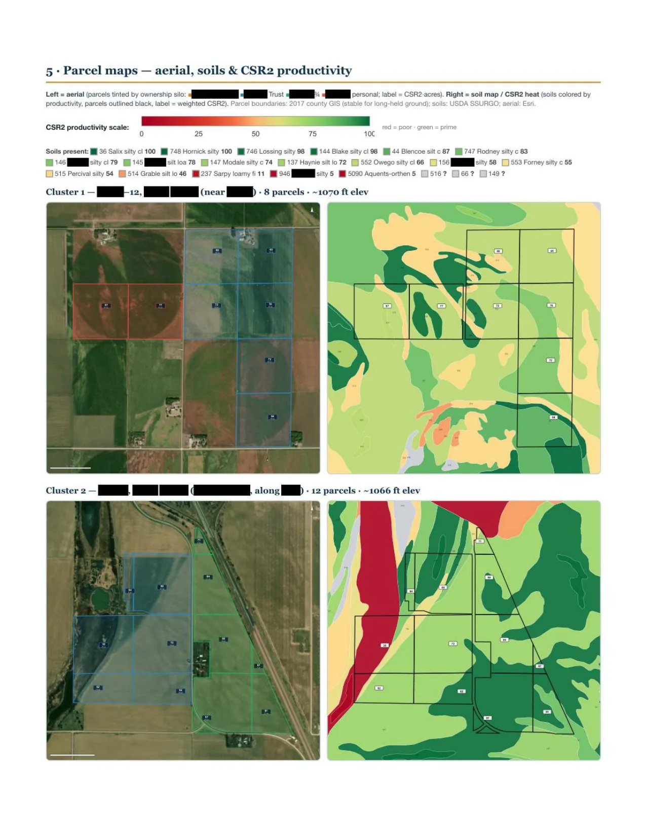 Page three of the sample brief: paired aerial photographs and color-coded soil productivity maps for two clusters of parcels, with a CSR2 productivity scale and a soil-series legend