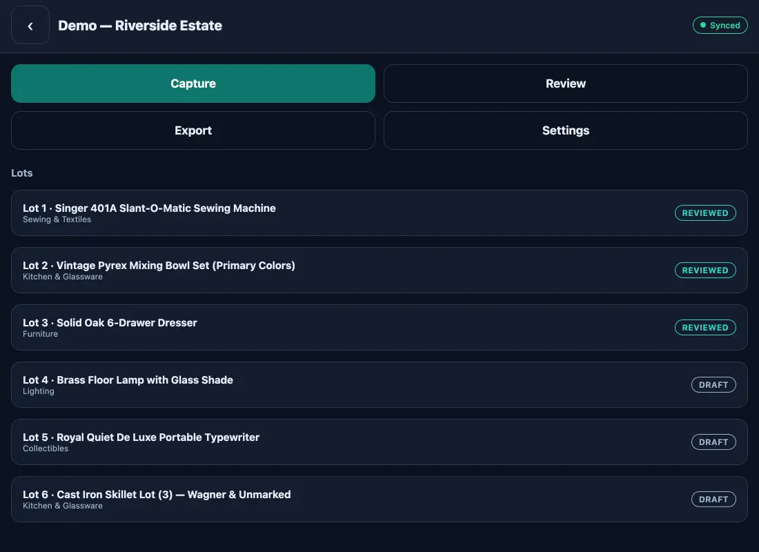LotLens demo auction: six numbered lots with drafted listings and review states, synced